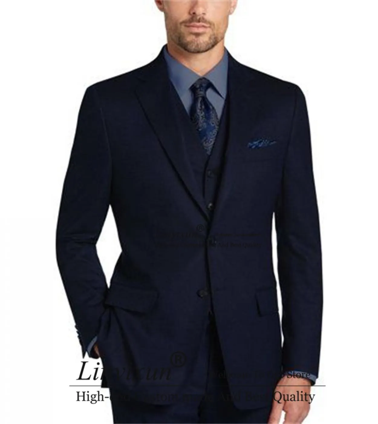 Abiti da uomo classici blu navy Set da 3 pezzi Giacca da lavoro formale Giacca da sposo slim fit da sposa Terno Masculino Ves