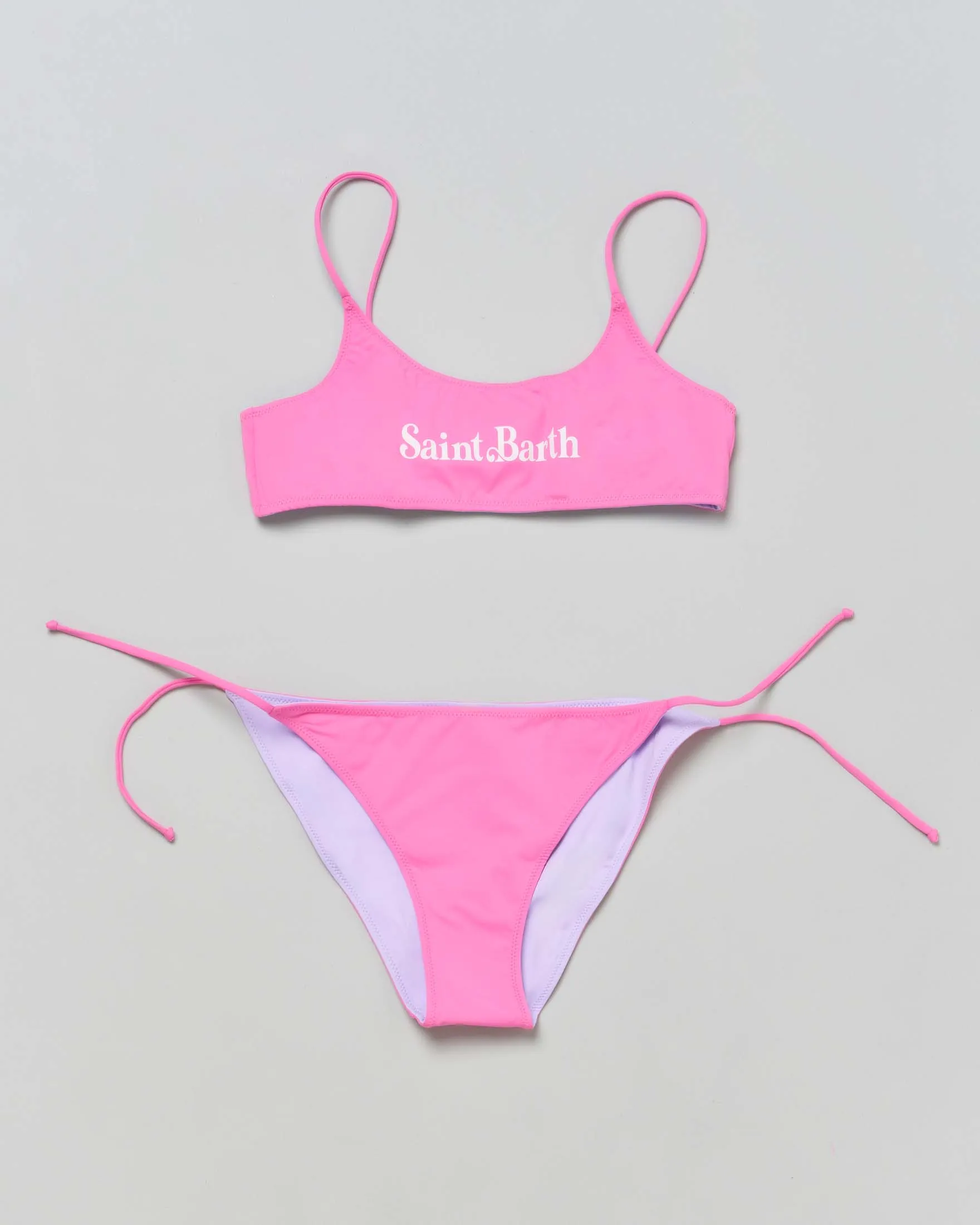 Bikini Jaiden a bralette fucsia reversibile in lilla con scritta logo 6-14 anni