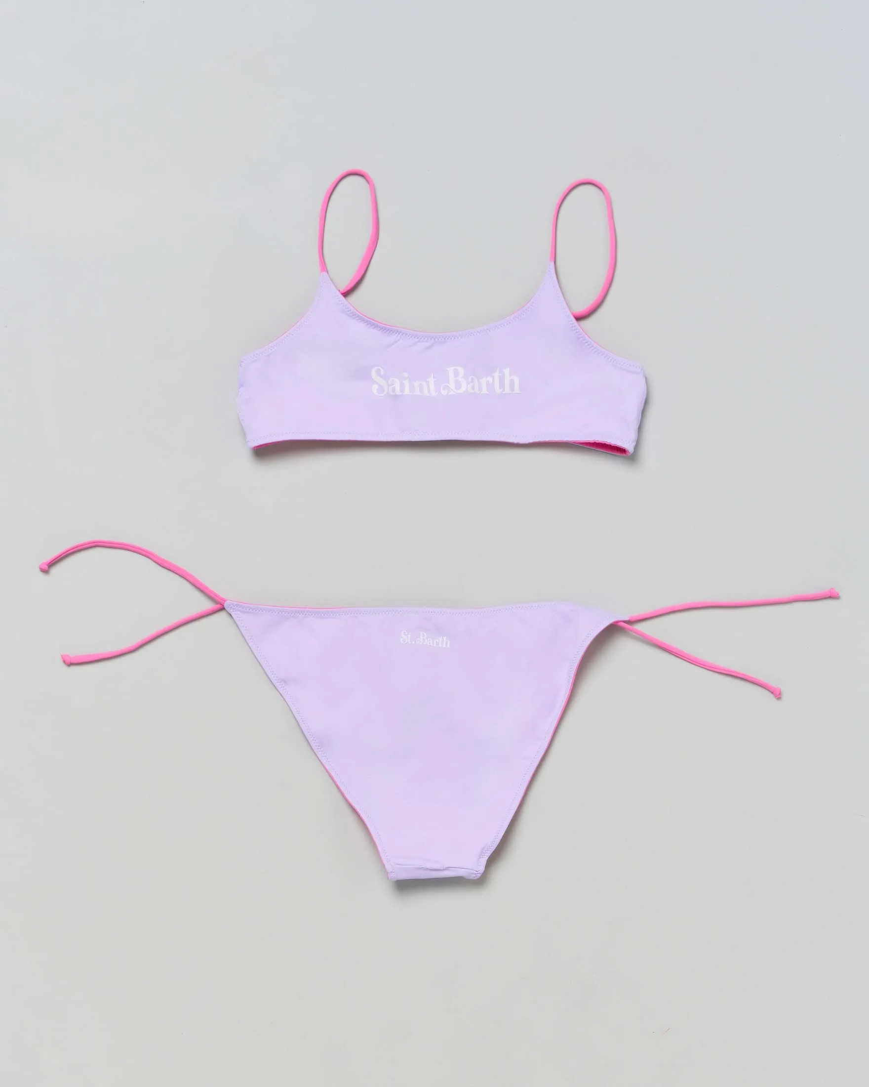Bikini Jaiden a bralette fucsia reversibile in lilla con scritta logo 6-14 anni