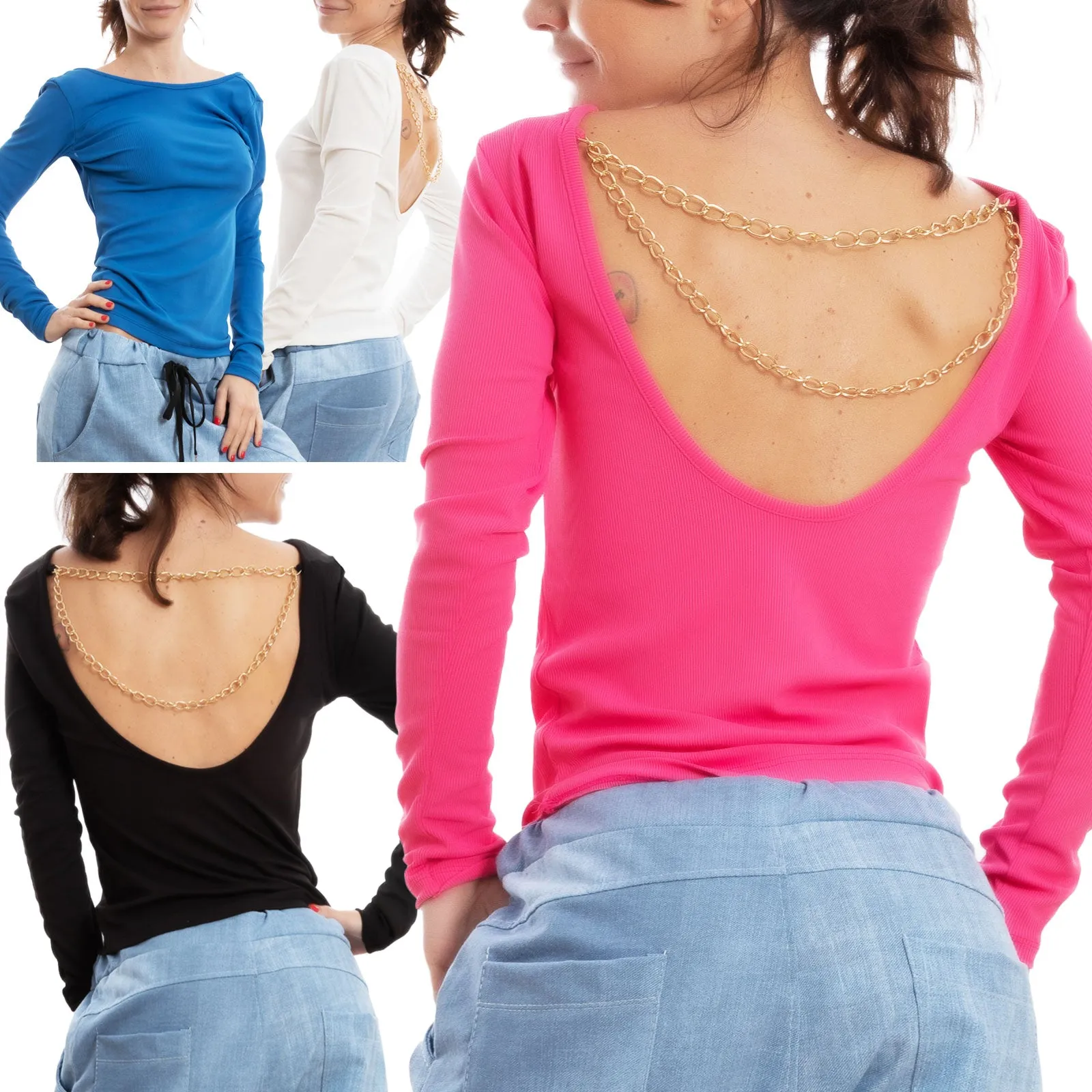 Blusa Donna Top Maglietta Schiena Nuda Catene Vi-8053