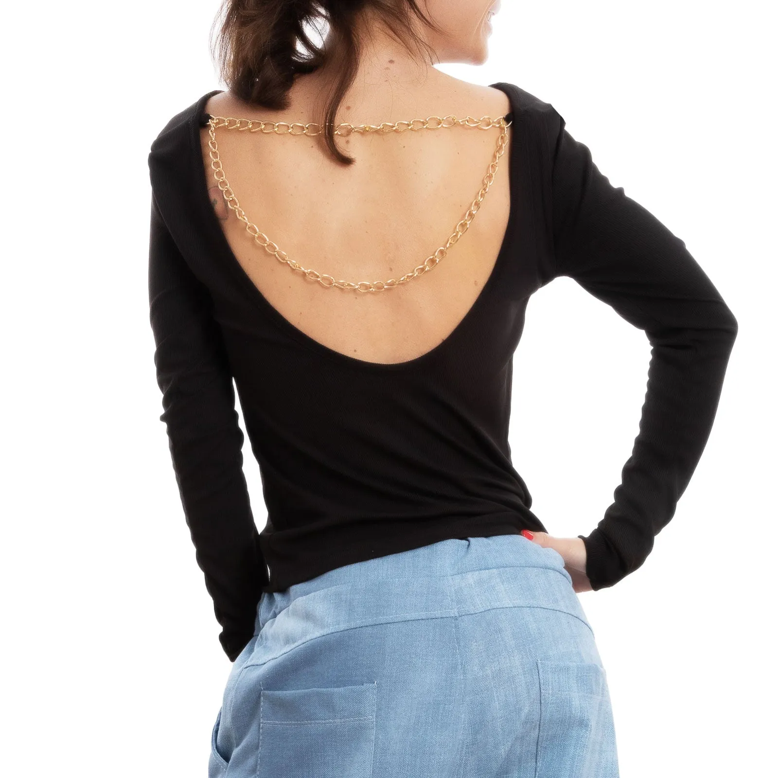 Blusa Donna Top Maglietta Schiena Nuda Catene Vi-8053
