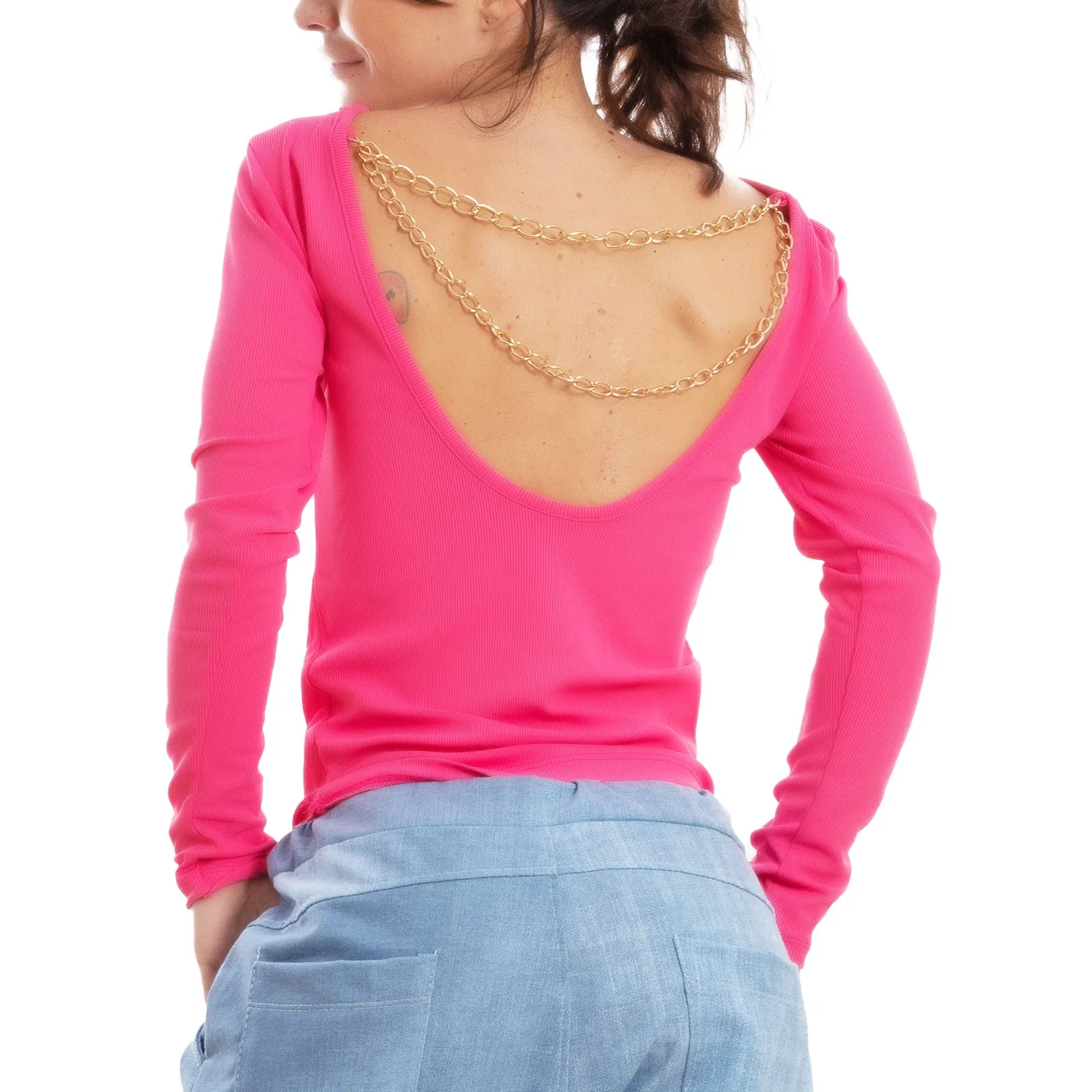 Blusa Donna Top Maglietta Schiena Nuda Catene Vi-8053