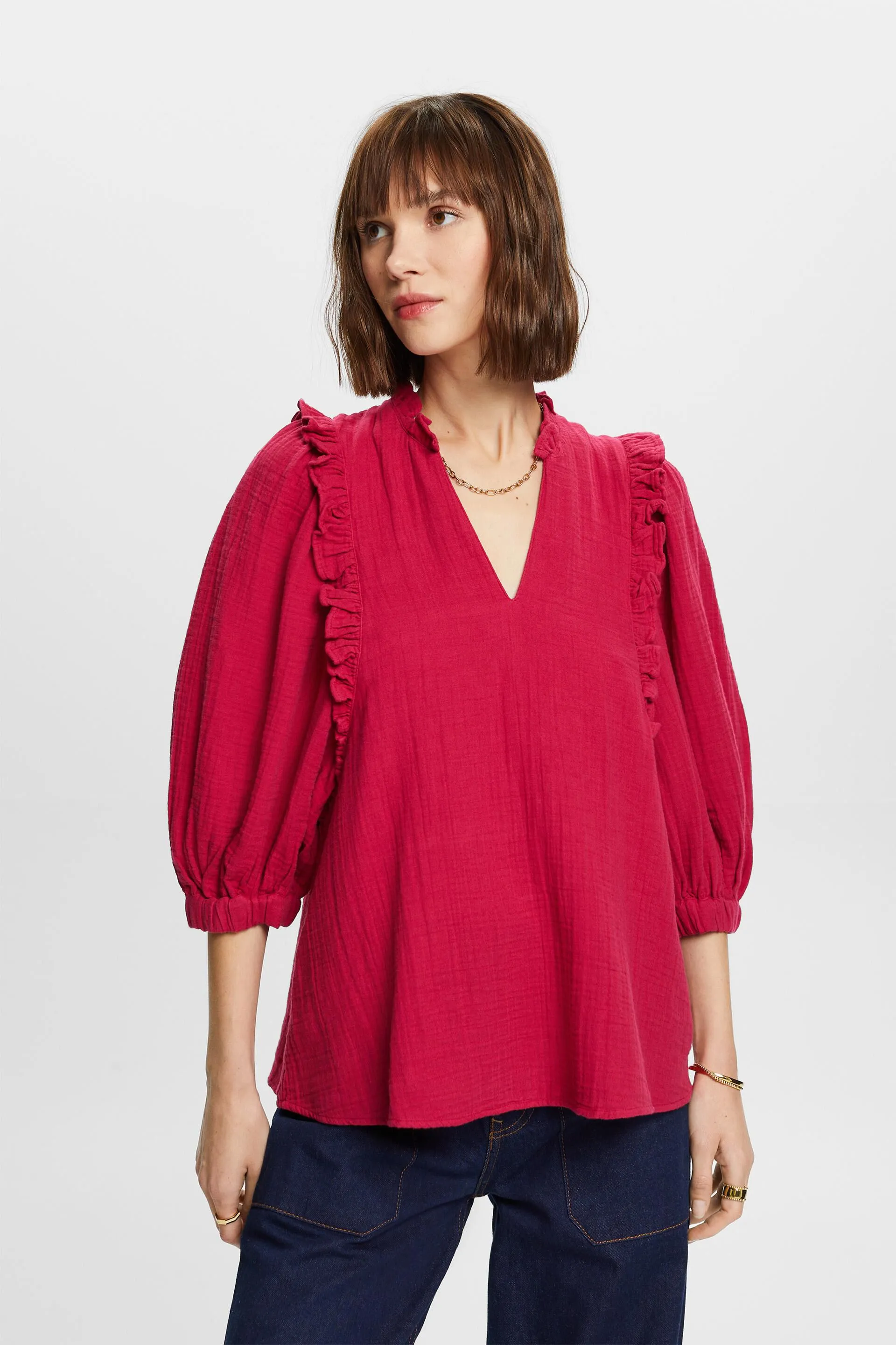 Blusa in cotone garzato con bordo arricciato