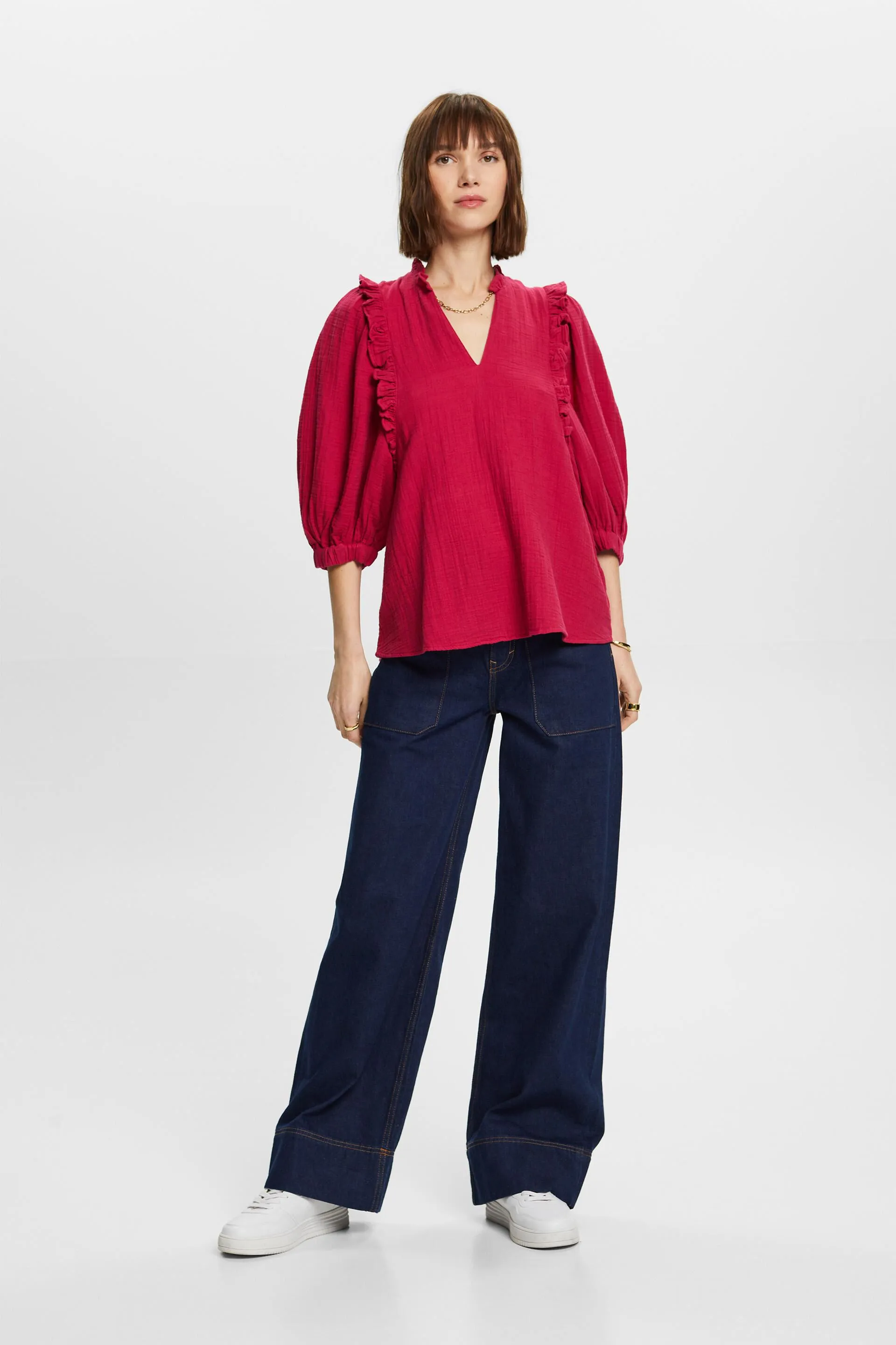 Blusa in cotone garzato con bordo arricciato