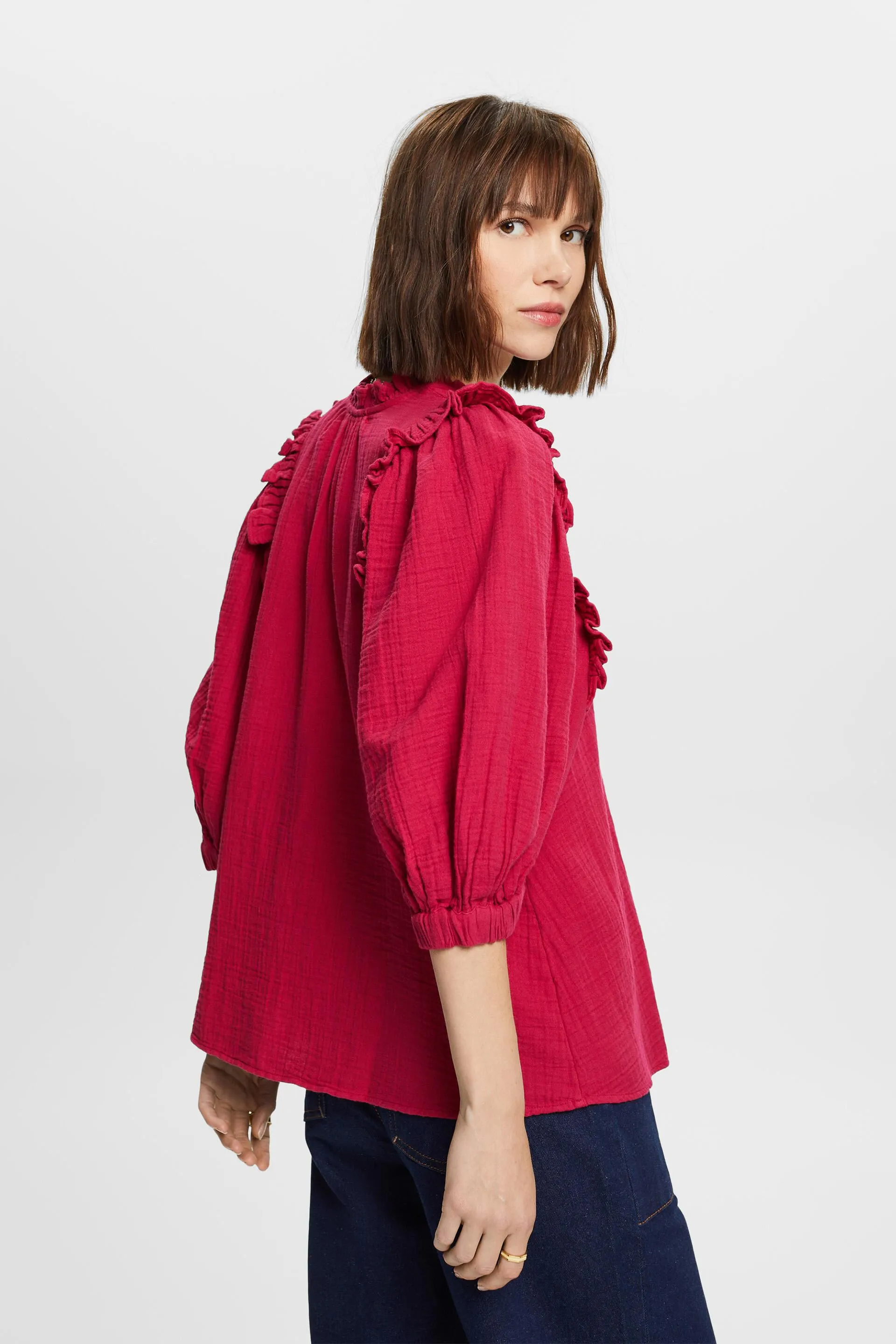 Blusa in cotone garzato con bordo arricciato