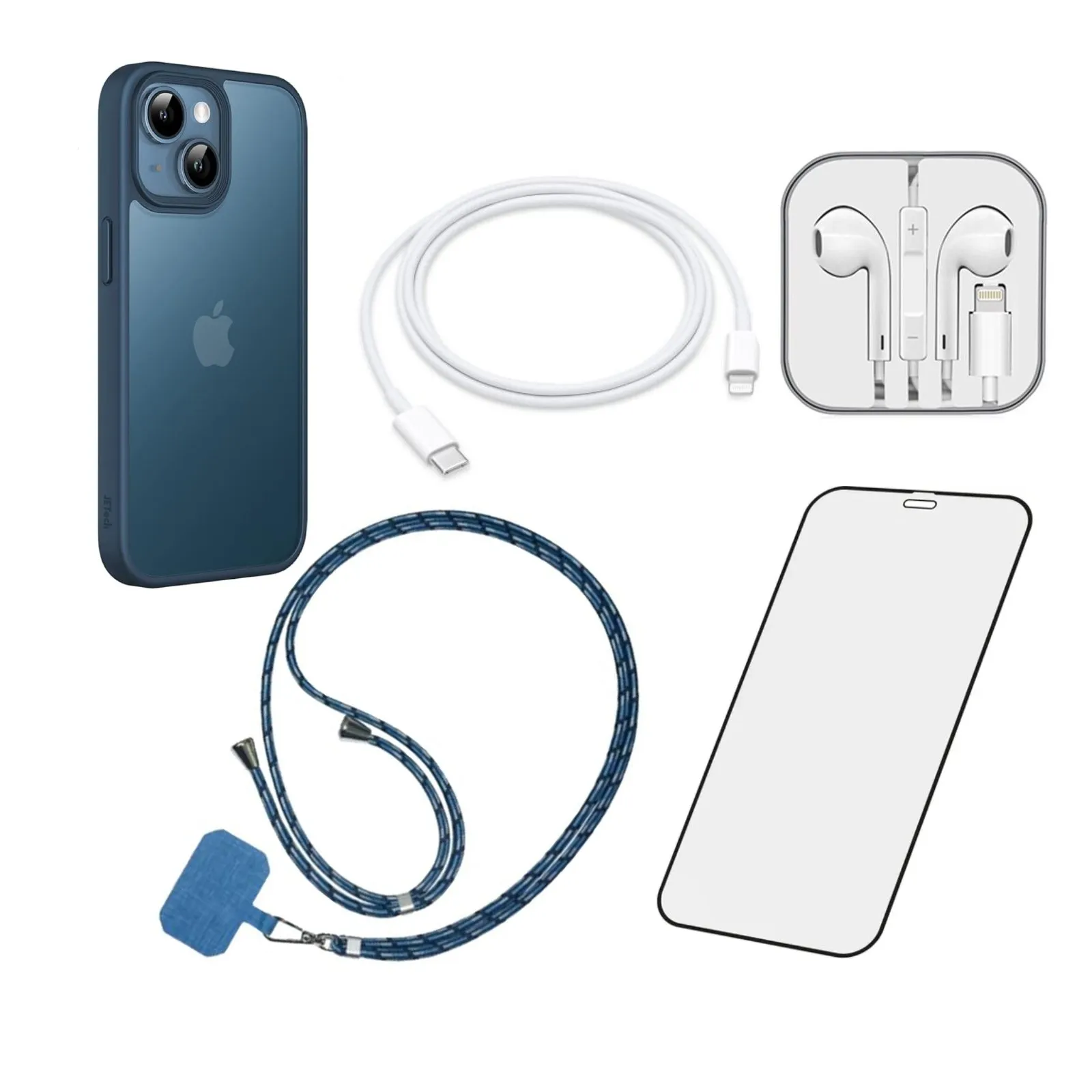 Box Iphone 13 Blu: Cover Midnight + Vetro + Cavo + Auricolari + Laccetto 