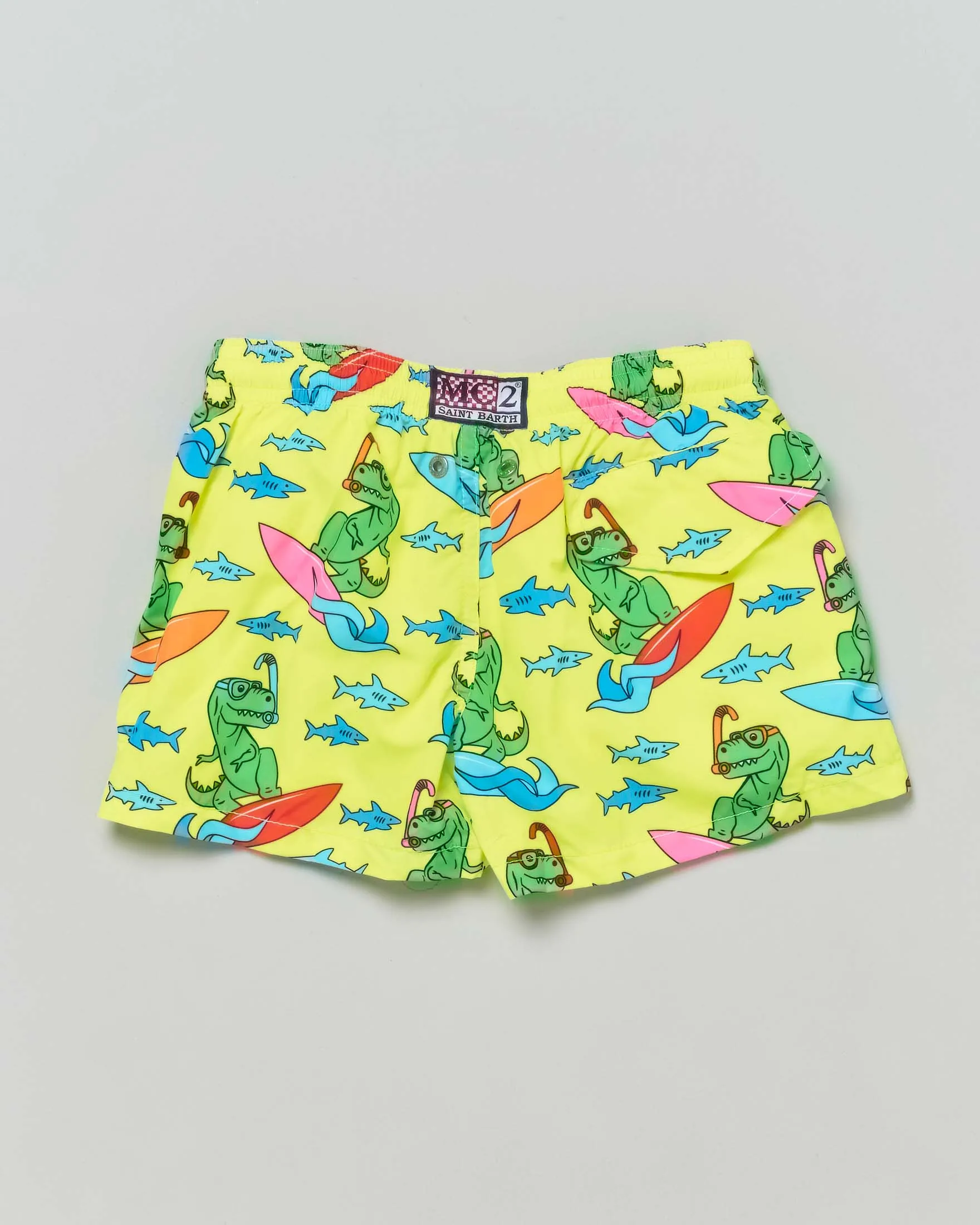 Boxer mare giallo con stampa dinosauro surf e squaletti 2-8 anni