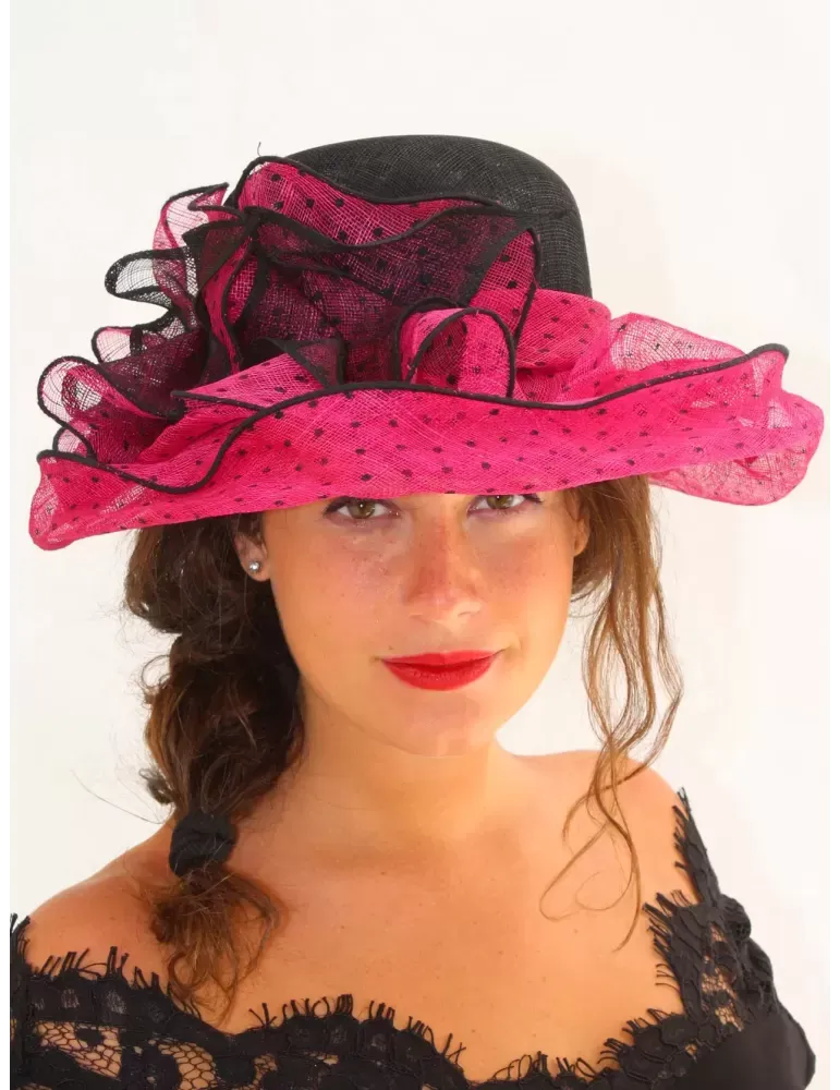 Cappello grande da cerimonia elegante nero e fucsia con veletta