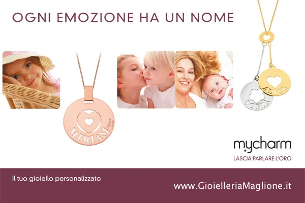 Catenina e ciondolo My Charm baby cuore grande in oro bianco giallo o rosa personalizzabile con il nome e l'iniziale