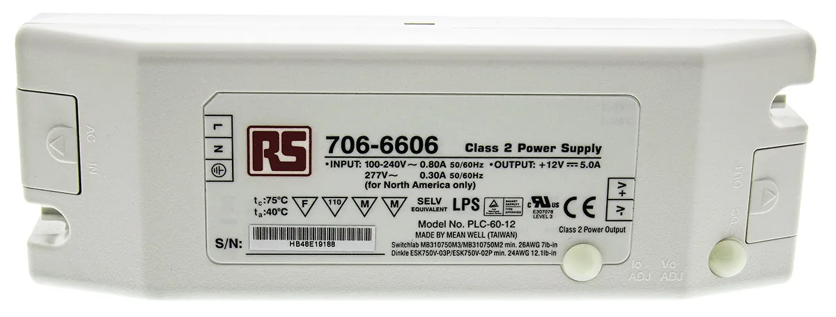 Driver LED Mean Well, 60W, IN 127 → 370 V dc, 90 → 264 V ac, OUT 12V, 5A