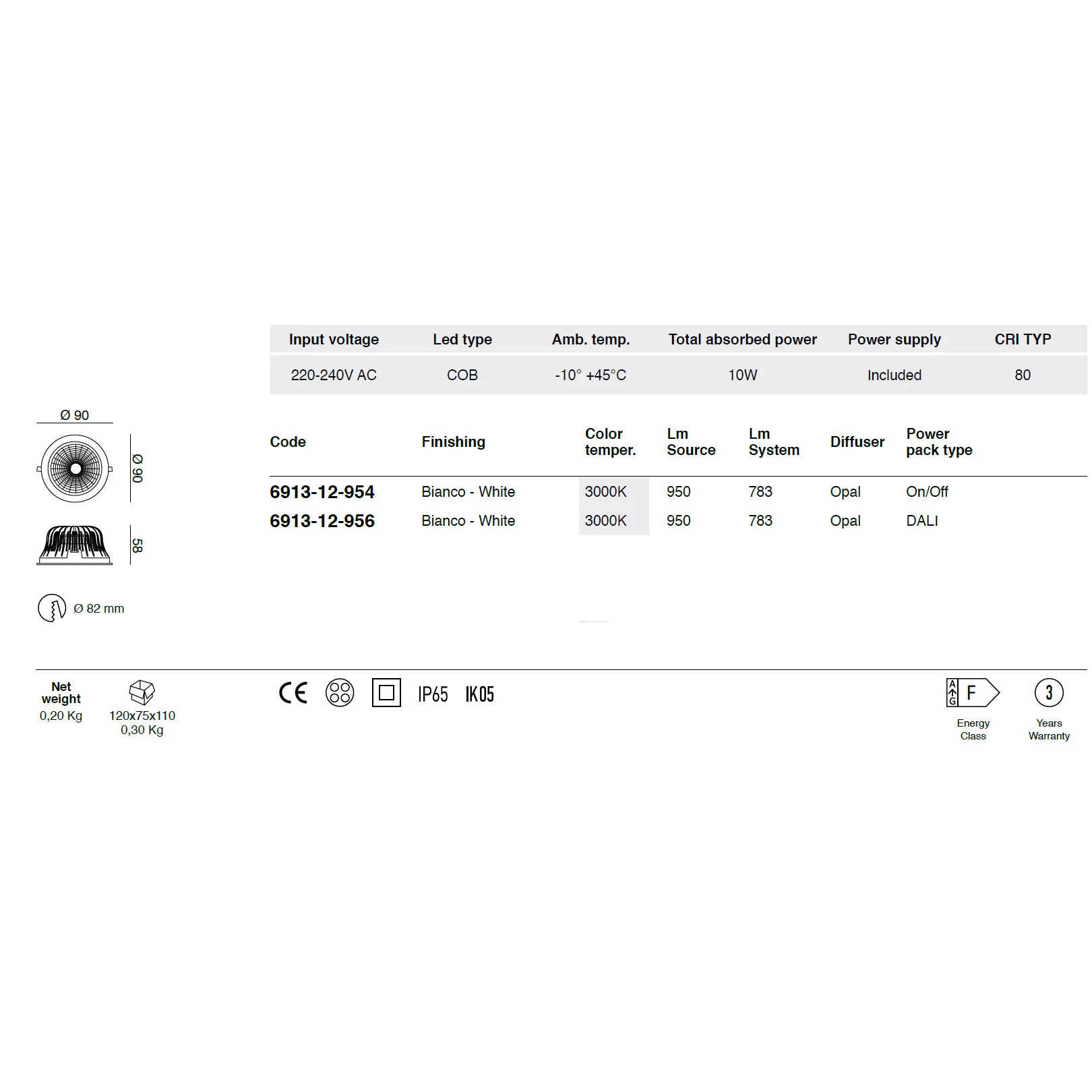 Fabas Luce  Faretto a led da incasso con struttura in alluminio Febe - 10W - 3000k Luce Calda