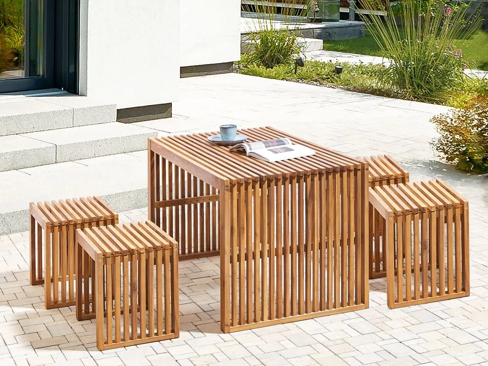 Garden Dining Set with Stools 4 Seater BELLANO Acacia Wood Brown