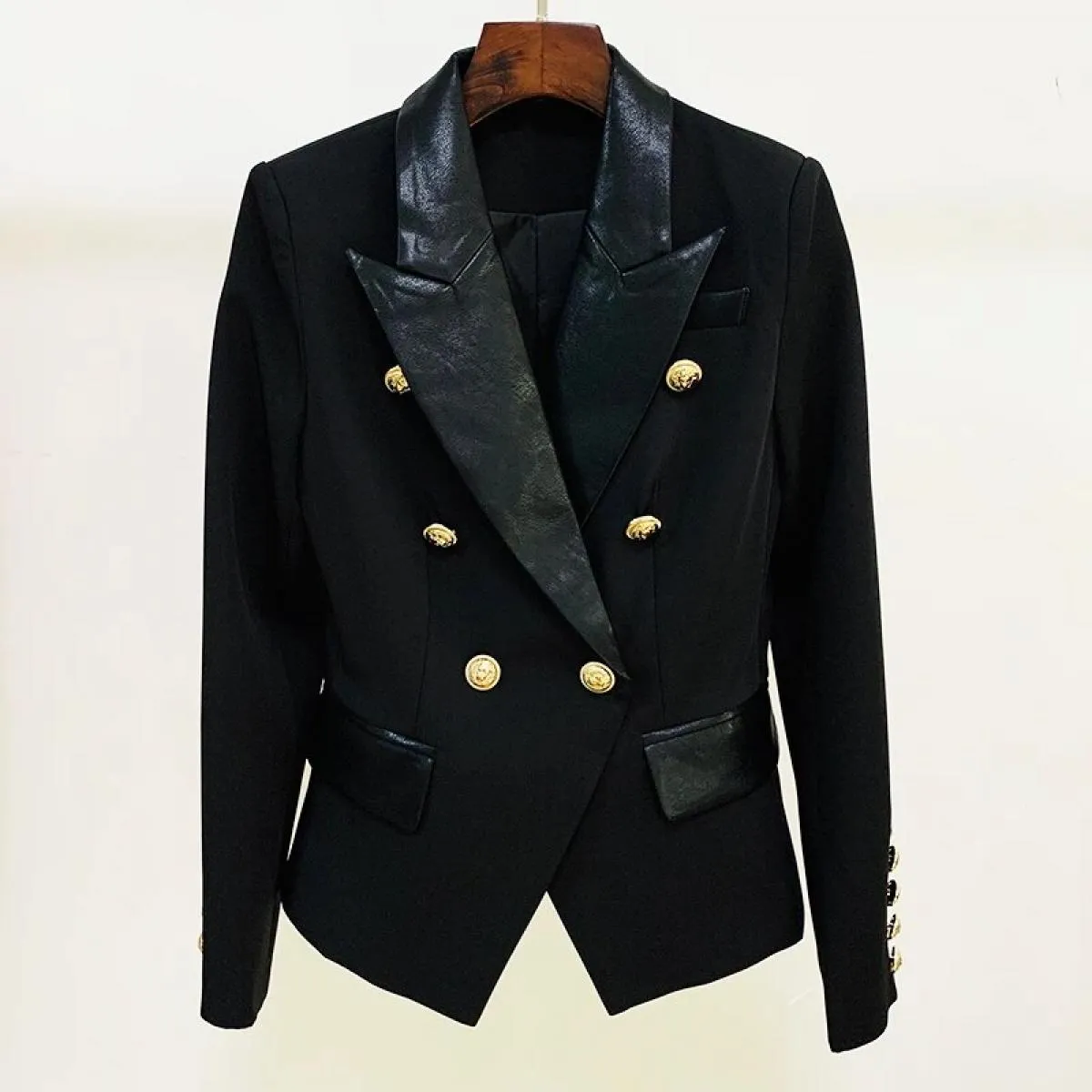 High Street Novità 2023 Giacca da donna Classic Lion Bottoni Doppio petto Patchwork in pelle Slim Fit Blazerbl