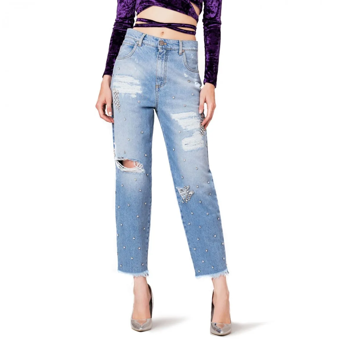 Jeans Boyfriend Rotture E Applicazione Cabochon