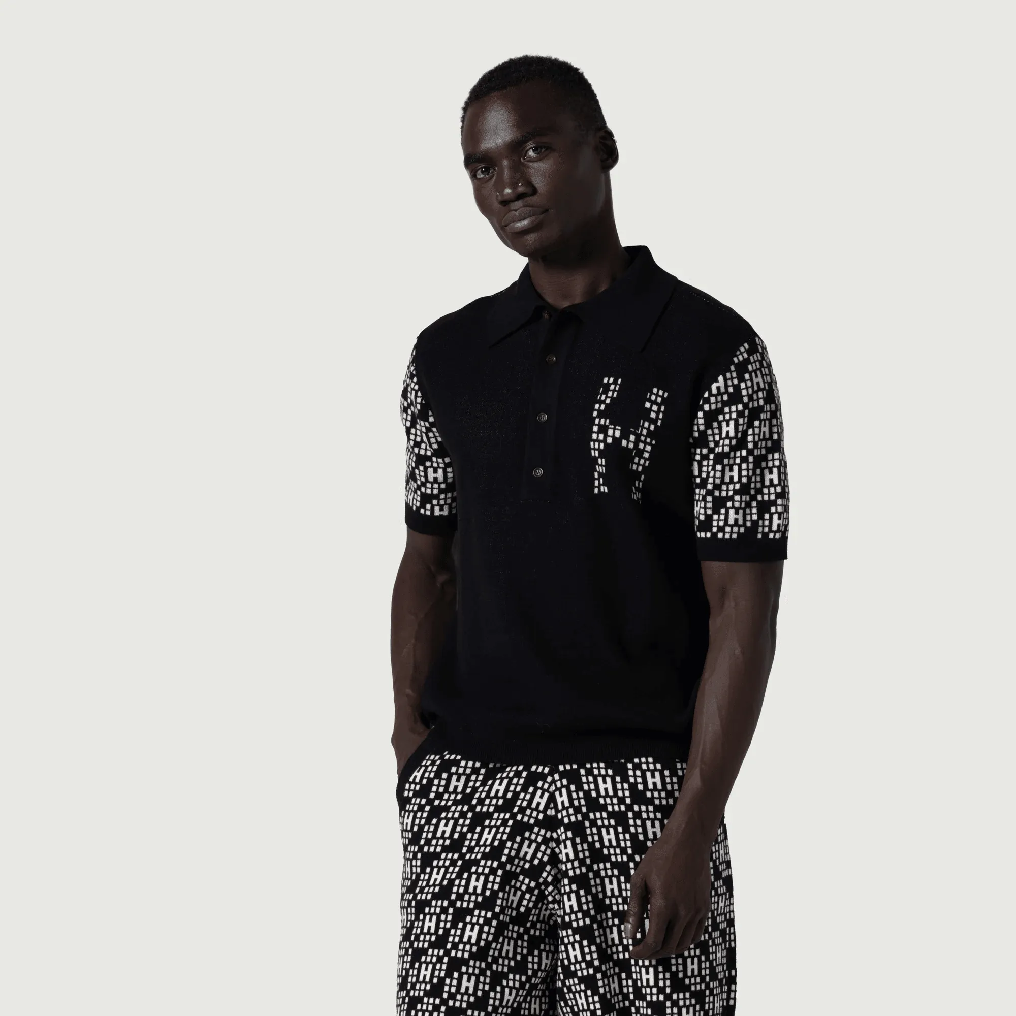 Knit H Pattern Polo Black