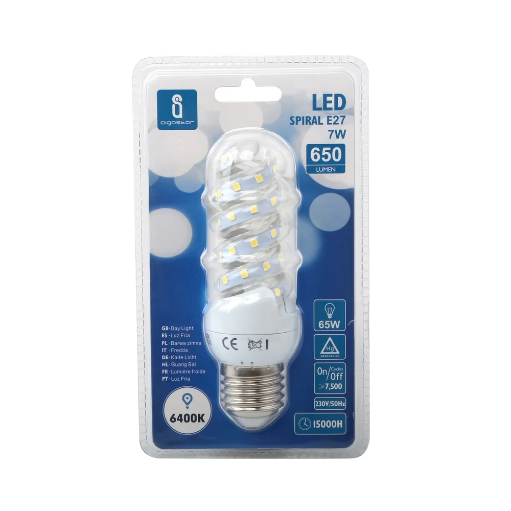 Lampadina Led E27 a tubo a spirale 7W Bianco freddo 6400K Aigostar