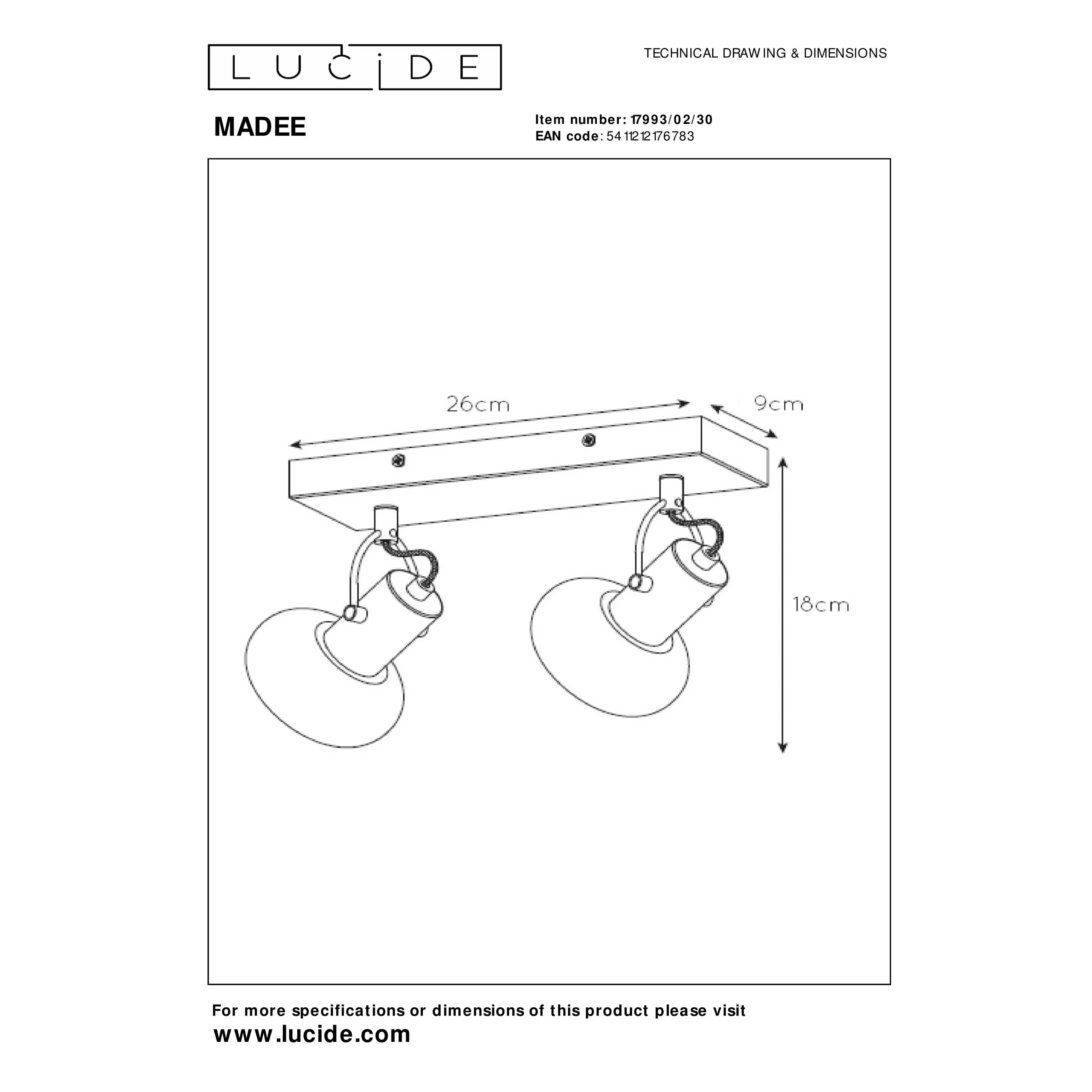 Lucide  Faretto con struttura in metallo e doppio diffusore orientabile in vetro Madee - 25W