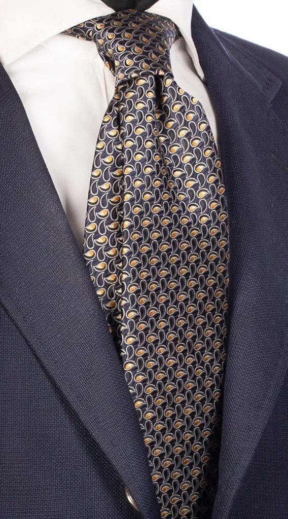 Man Blue Silk Tie tone on Tone White Beige Yellow Paisley AN5524