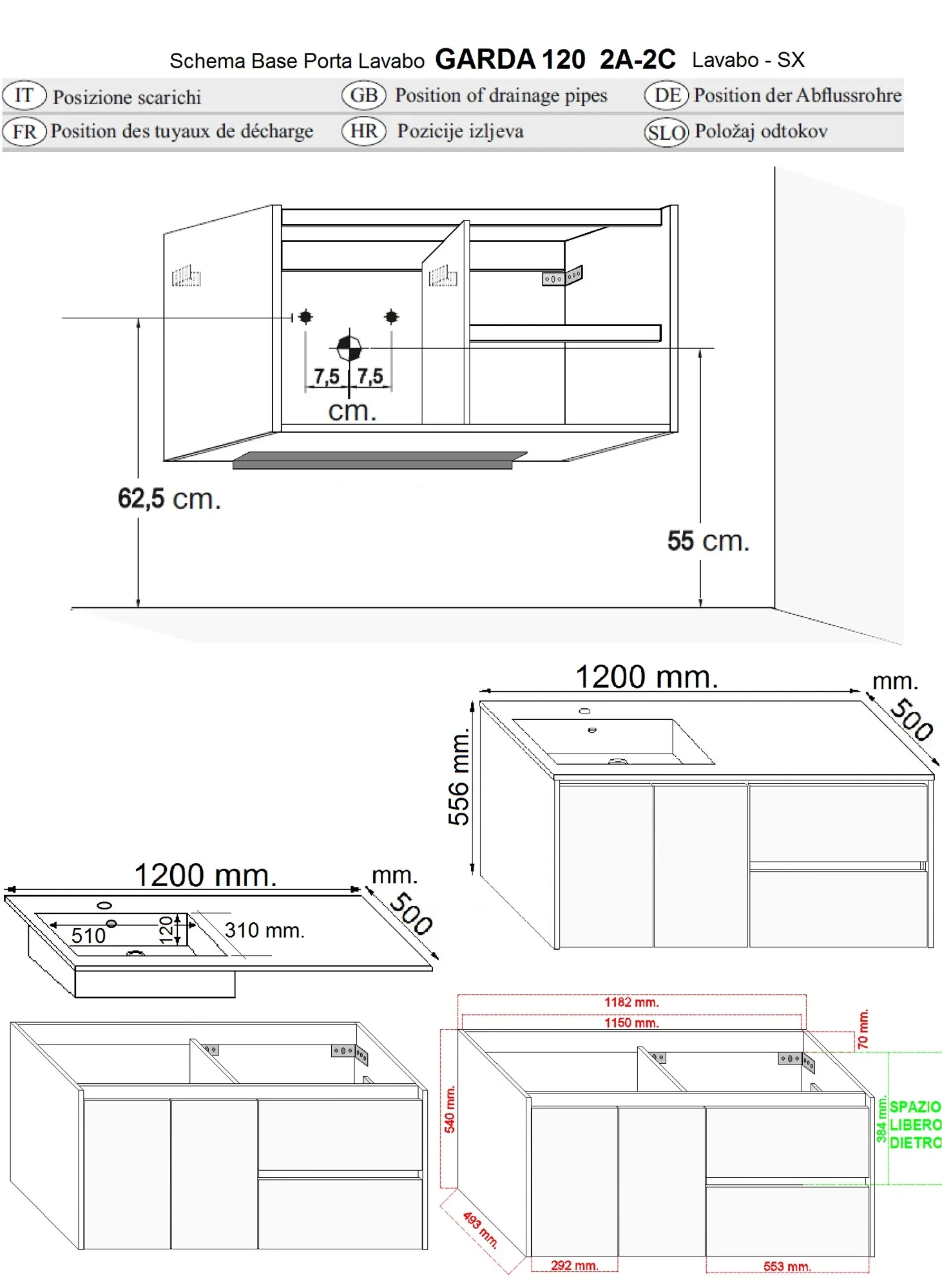 Mobile bagno lavabo sospeso Garda 120x50 cm bianco lucido