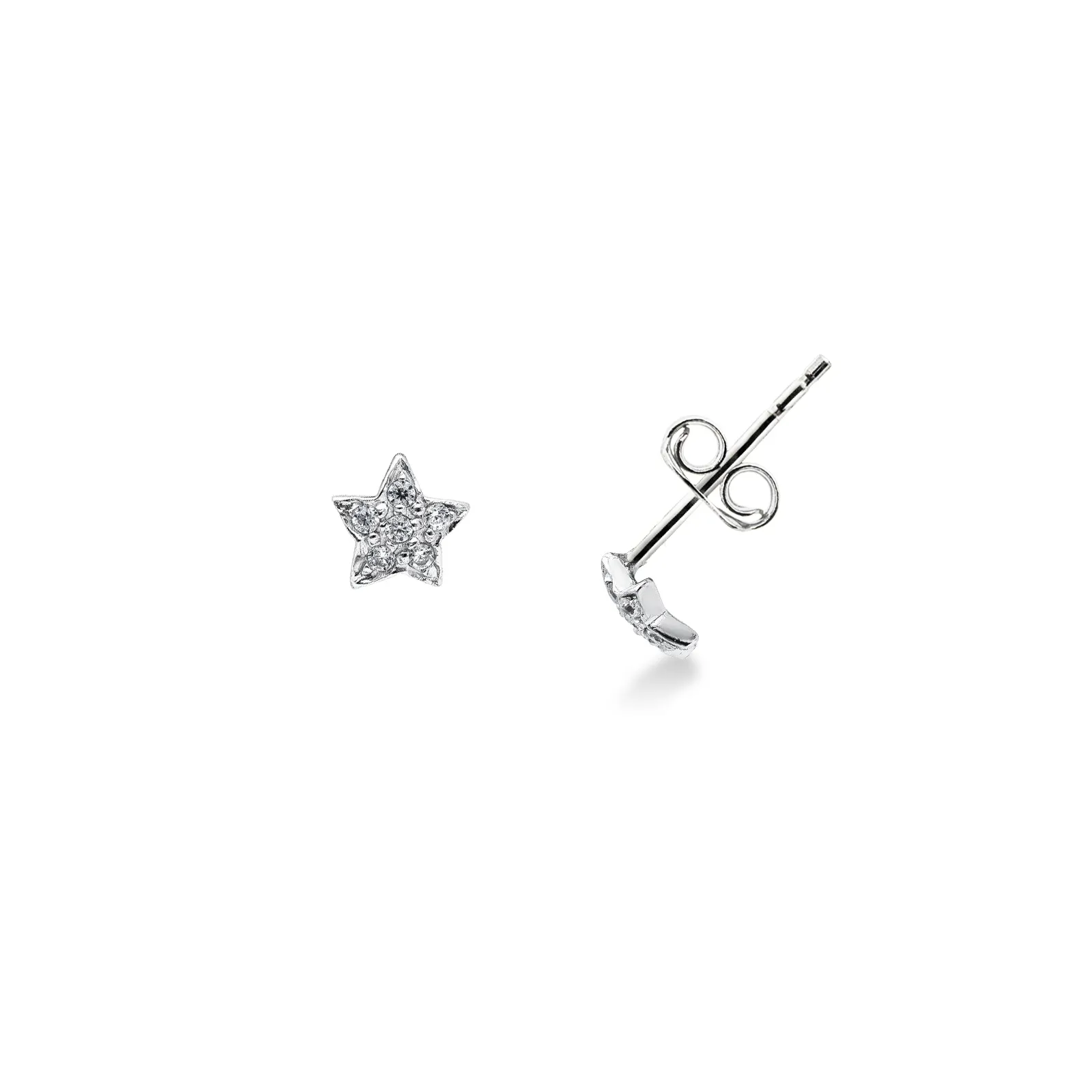 Orecchini a stella in oro bianco 18k con Zirconi, diametro 5.55 mm.