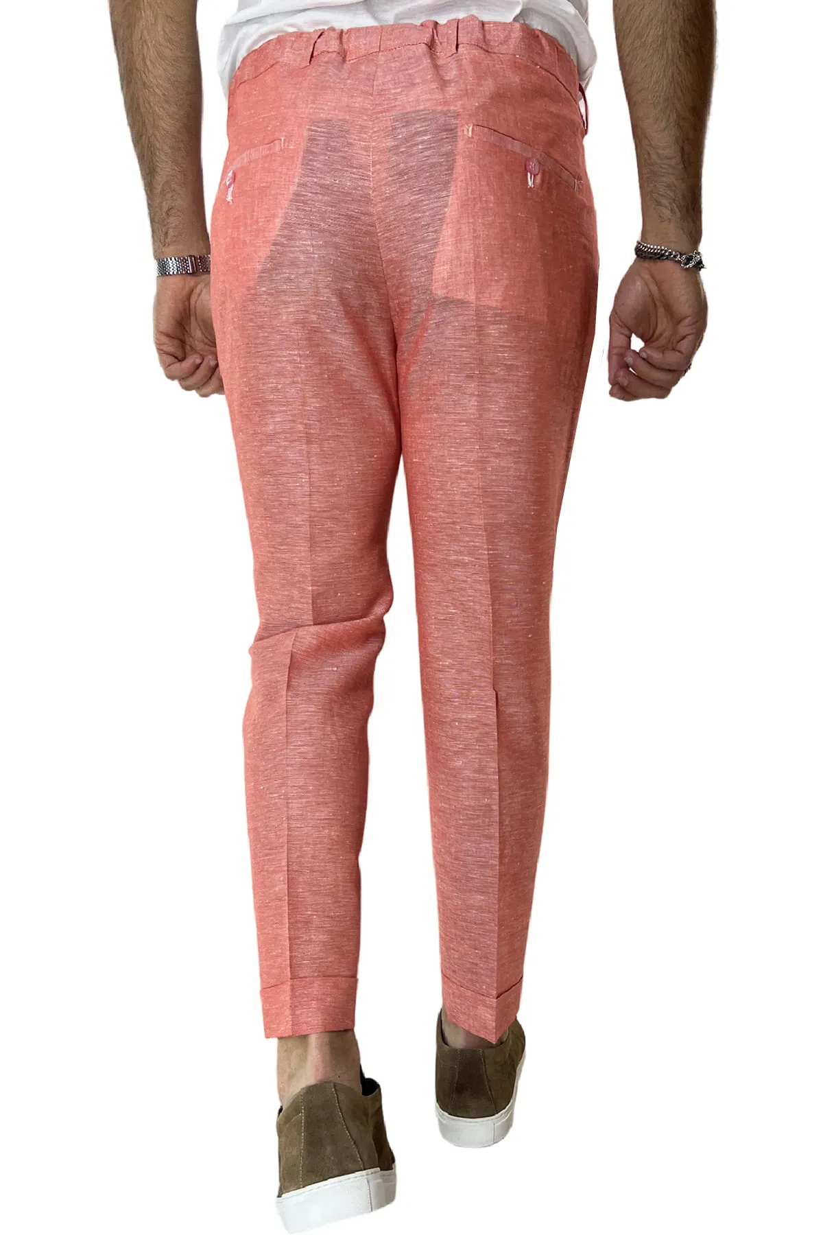 Pantalaccio uomo arancio in lino e cotone tasca america con doppia pence e laccio in vita risvolto 4cm