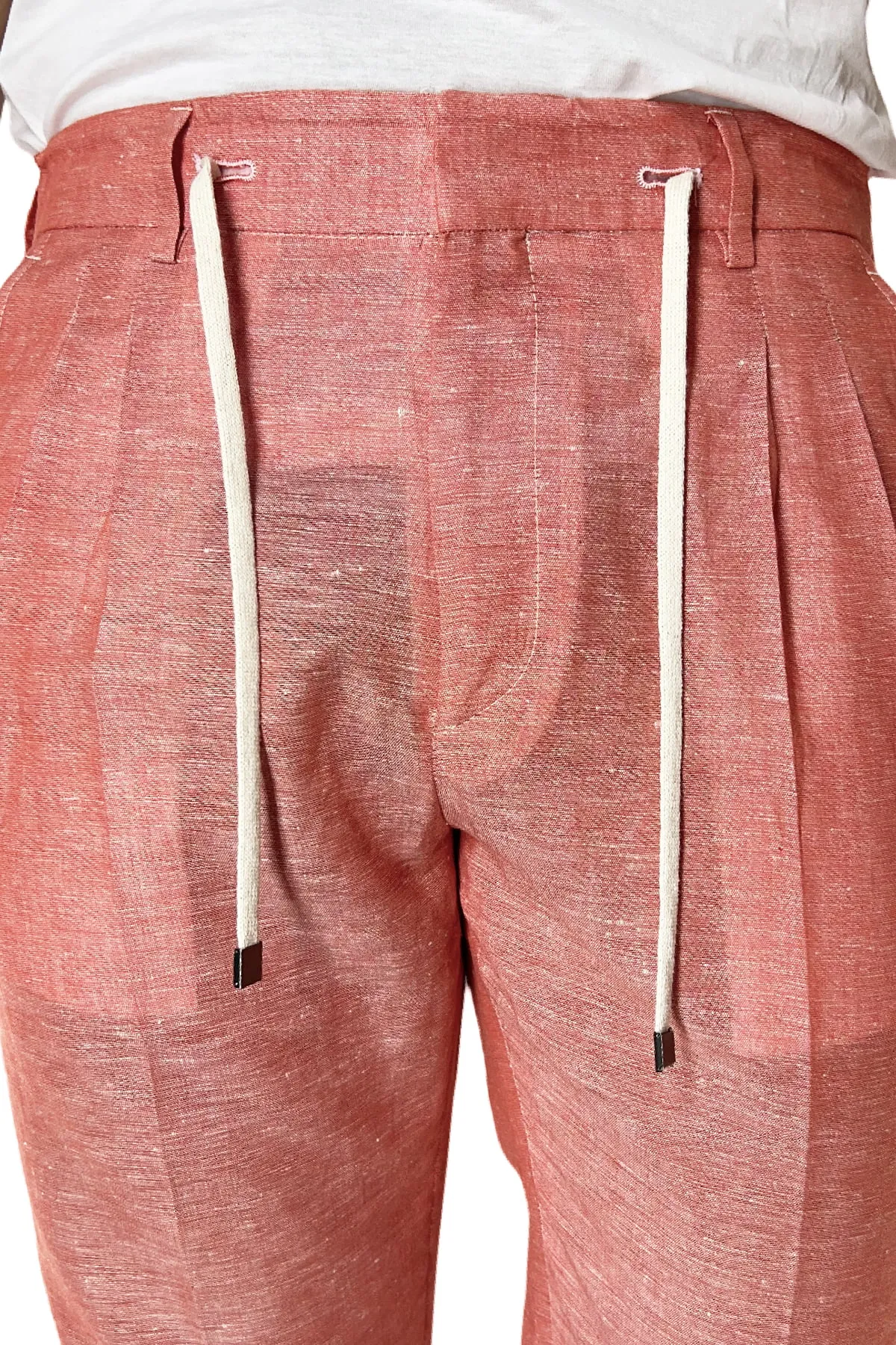 Pantalaccio uomo arancio in lino e cotone tasca america con doppia pence e laccio in vita risvolto 4cm