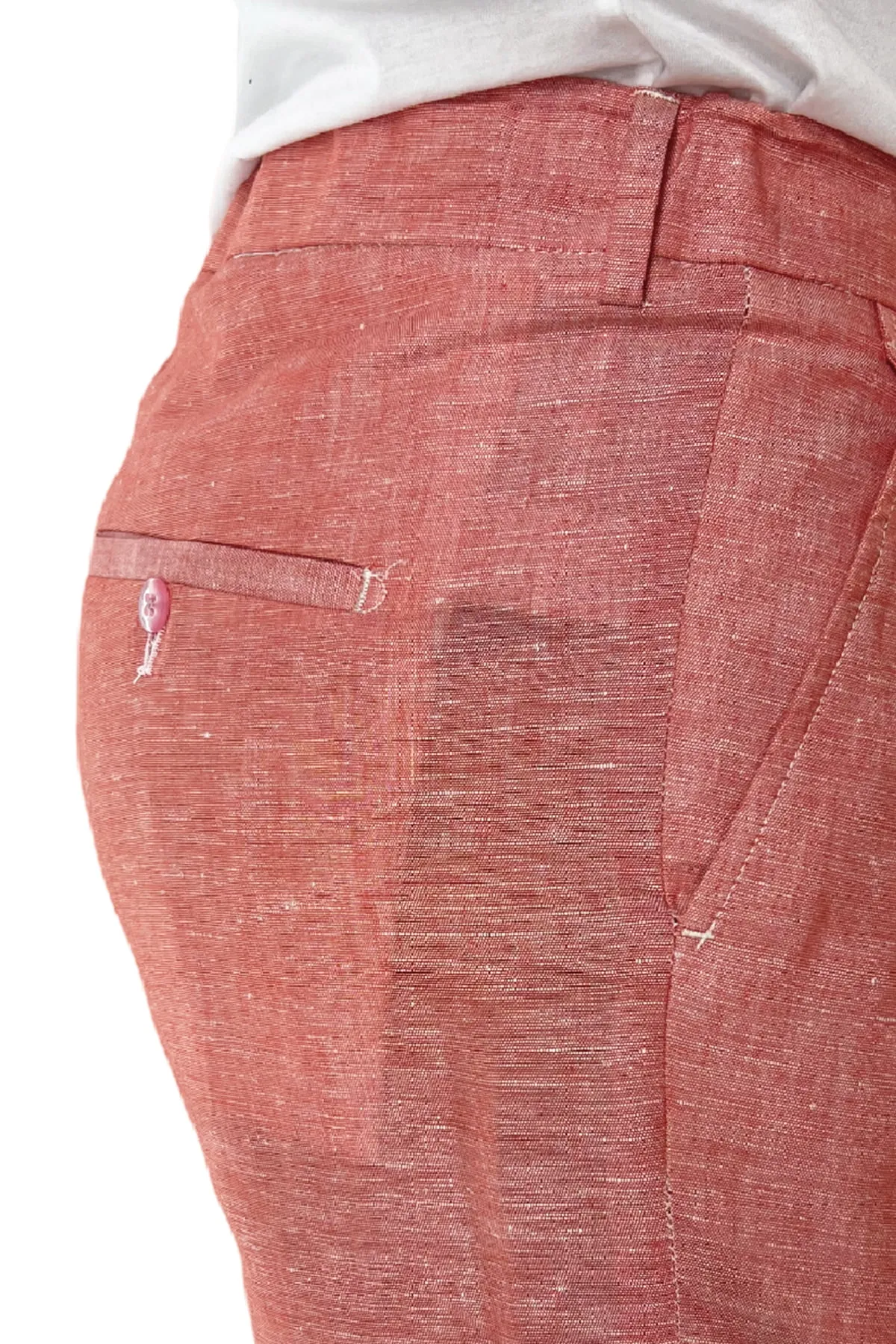 Pantalaccio uomo arancio in lino e cotone tasca america con doppia pence e laccio in vita risvolto 4cm