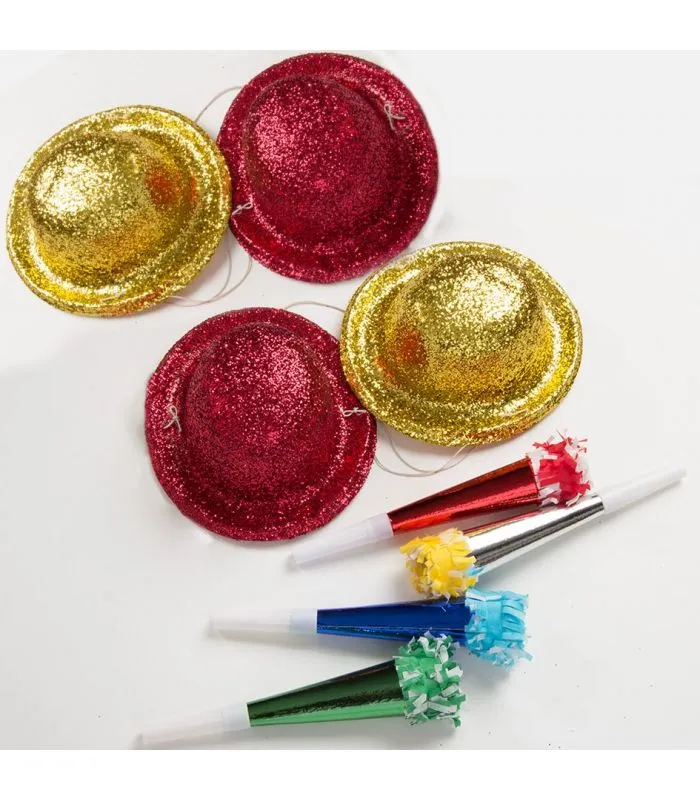 Party set (4 cappelli glitter + 4 trombe metallizzate l. cm.18 ca.)