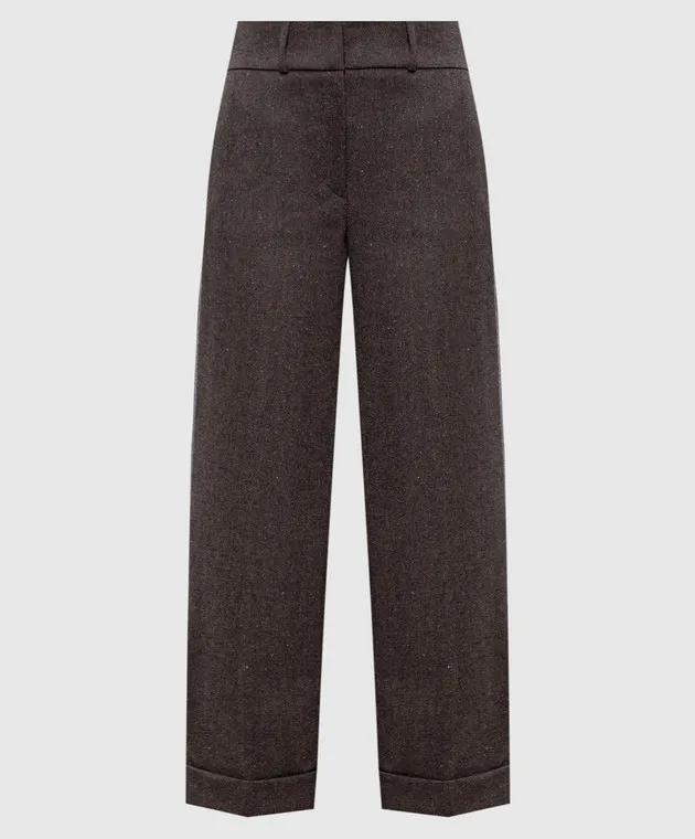 Peserico Pantaloni marroni in lana, cashmere e seta con catena monil P04202D03326