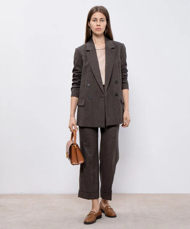 Peserico Pantaloni marroni in lana, cashmere e seta con catena monil P04202D03326