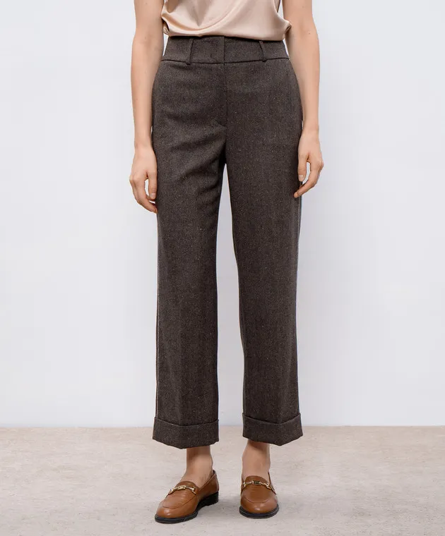 Peserico Pantaloni marroni in lana, cashmere e seta con catena monil P04202D03326