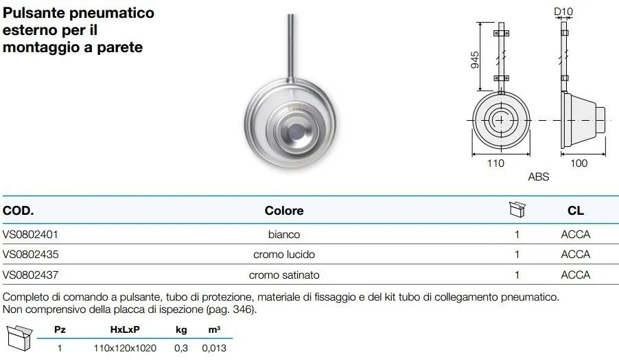 Pulsante Pneumatico Esterno per Montaggio a Parete Bianco Valsir VS0802401