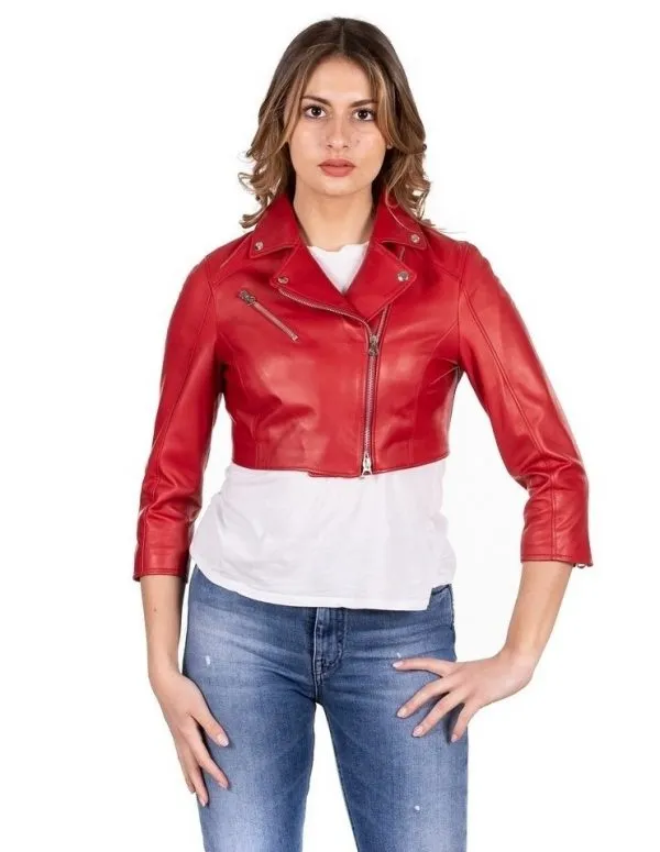 Red genuine leather women's short spike