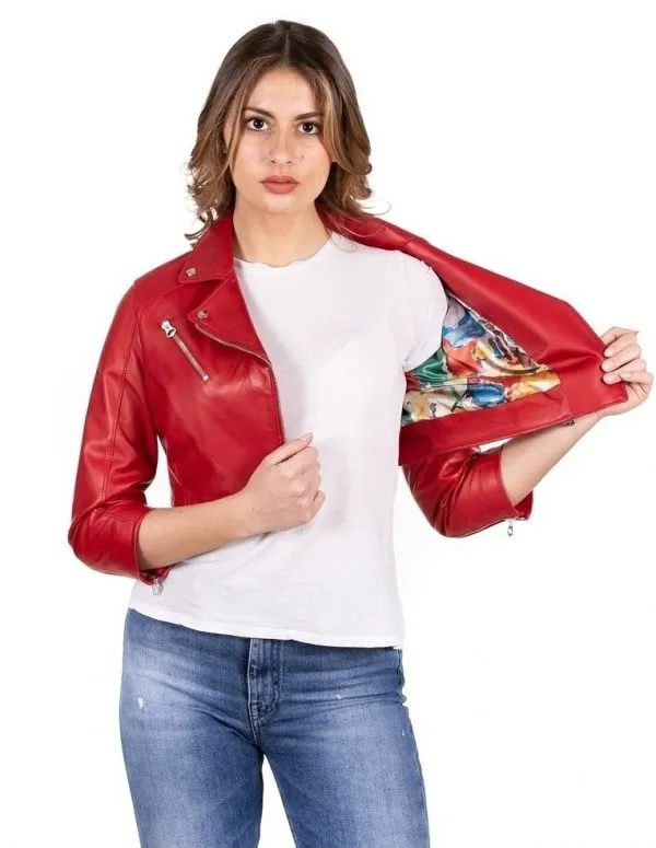 Red genuine leather women's short spike