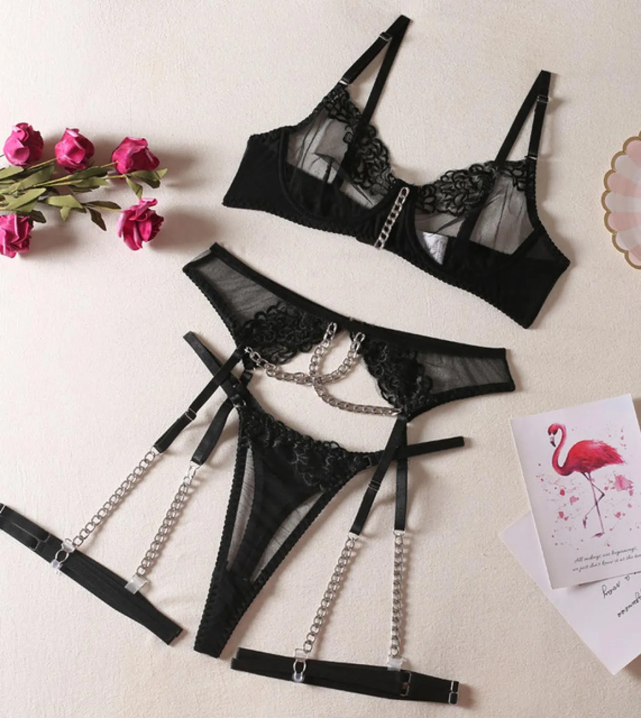 Set di biancheria da ricamo a 3 pezzi Set di 3 colori da donna Set di giarrettiera di lusso a catena fantasia