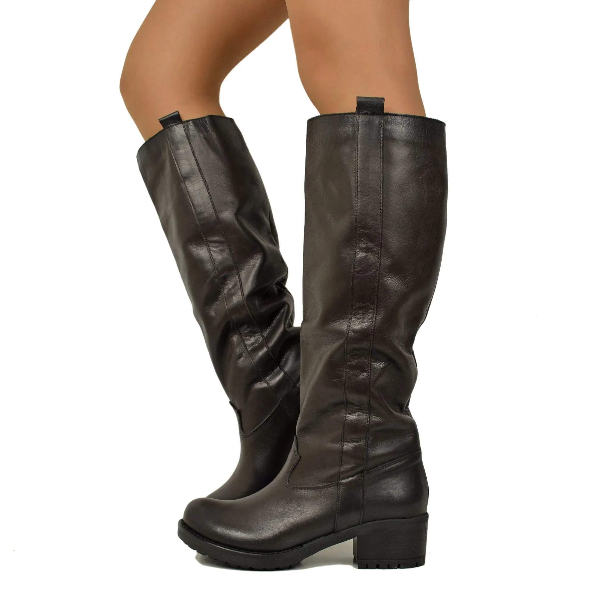 Stivali Donna Biker Marroni in Pelle Tacco Medio Made in Italy