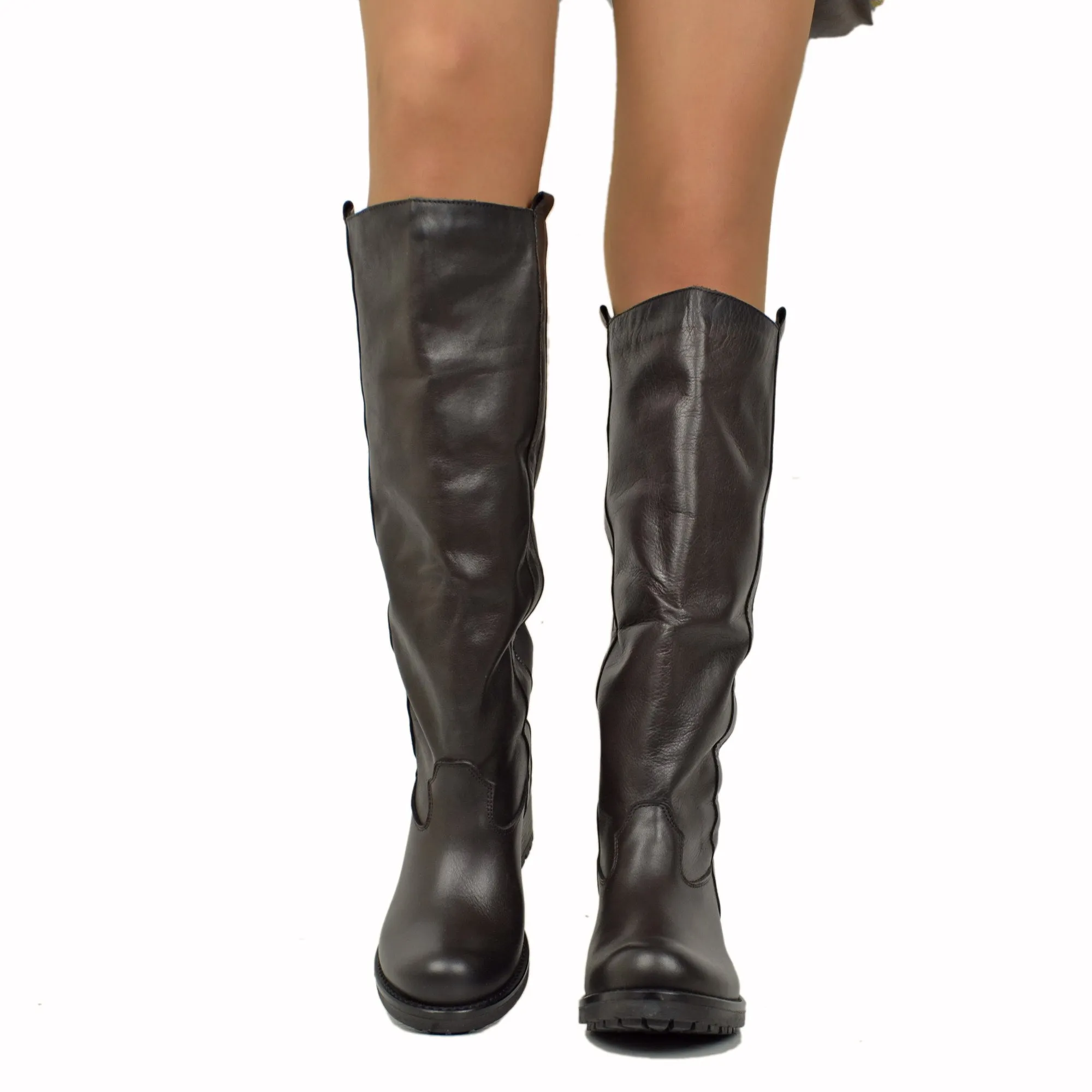 Stivali Donna Biker Marroni in Pelle Tacco Medio Made in Italy