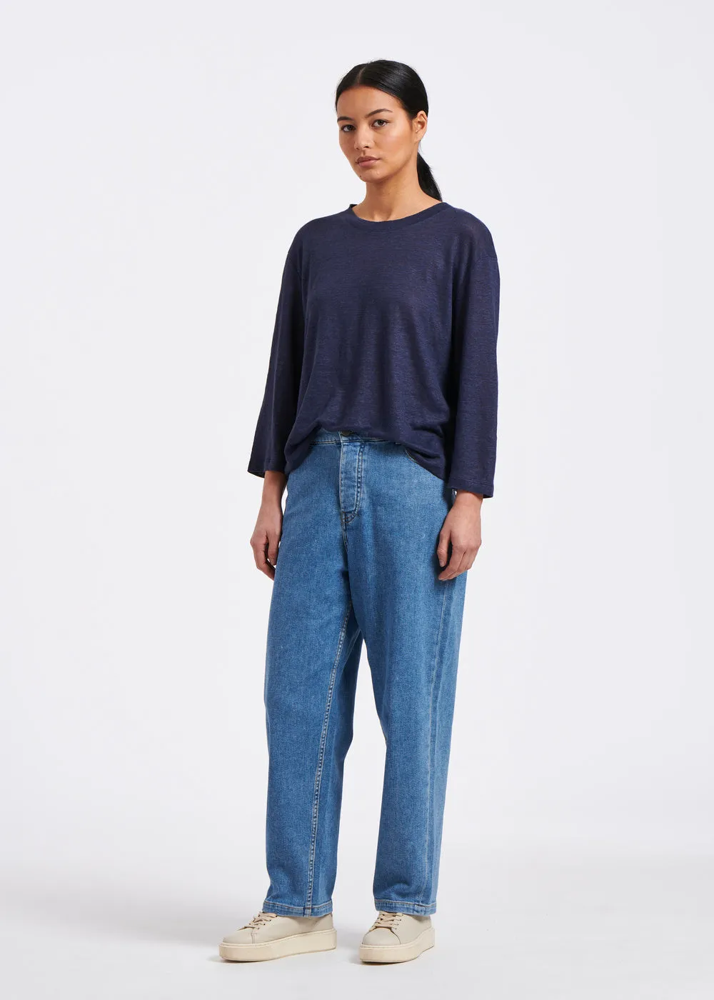 T-shirt bleu marine ample en jersey lin manches 3/4