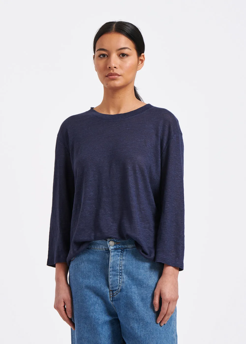 T-shirt bleu marine ample en jersey lin manches 3/4