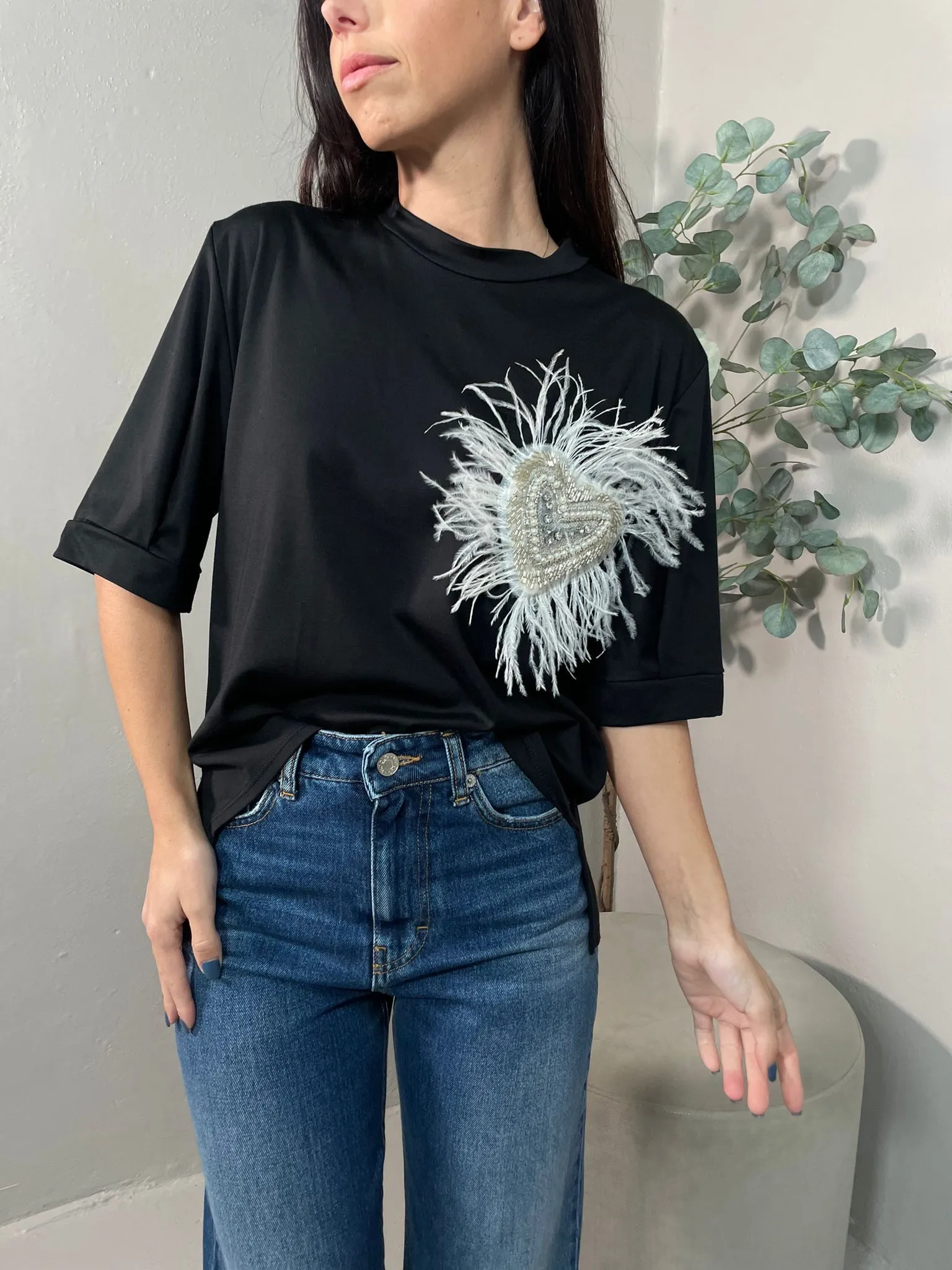 T-shirt Cuore Piume Nera