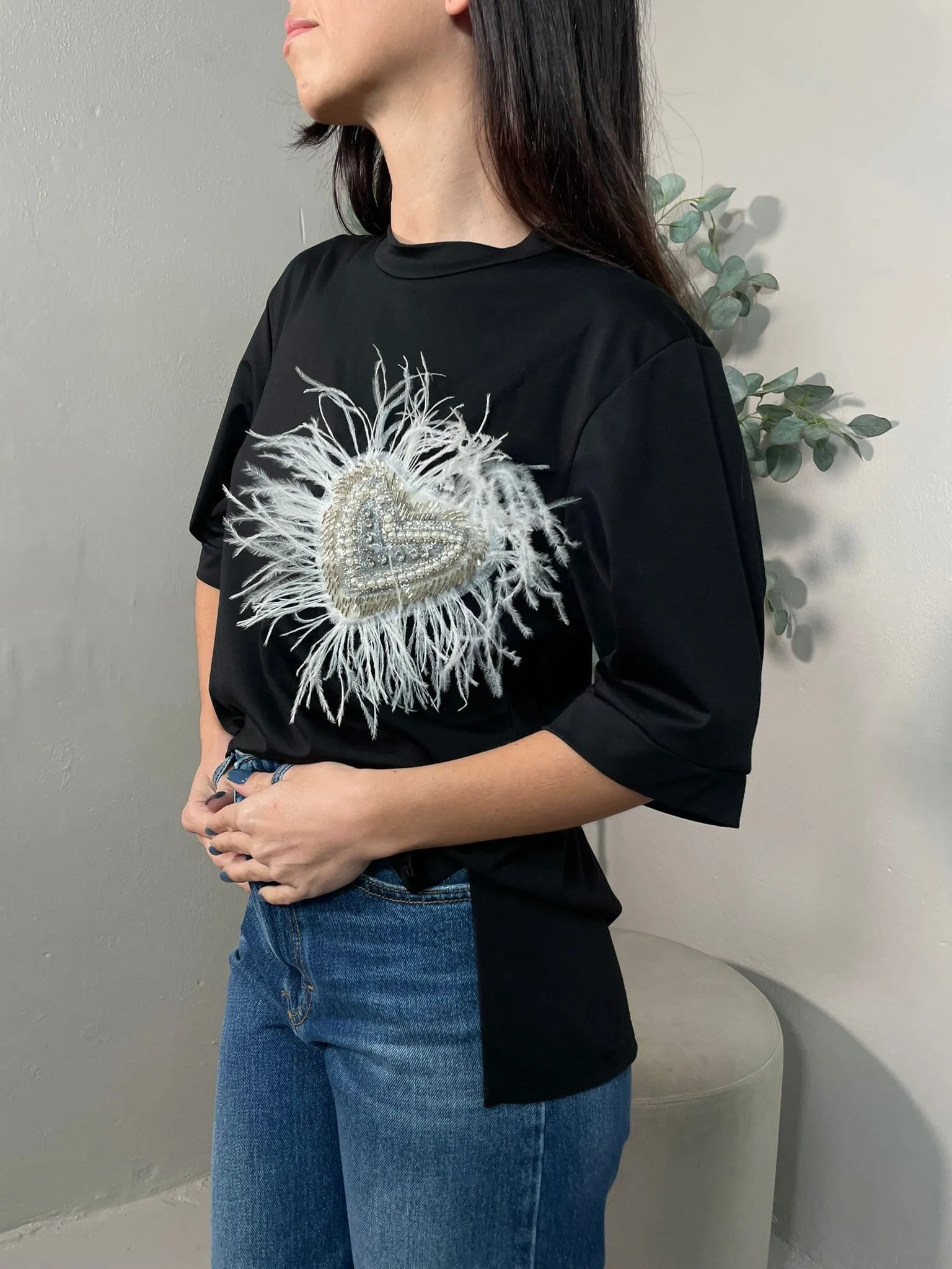 T-shirt Cuore Piume Nera