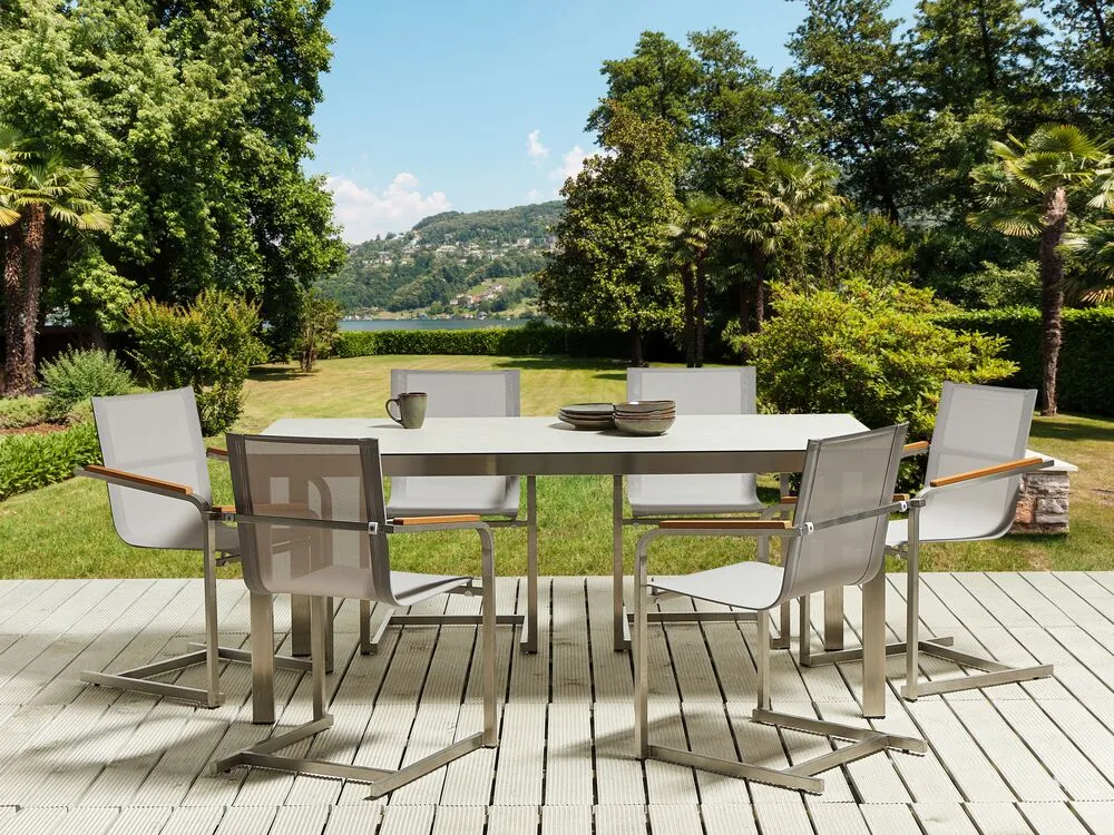 Tavolo da giardino vetro temperato e acciaio inox bianco e argento 180 x 90 cm COSOLETO